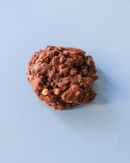 Chocolate cookie on a light blue surface